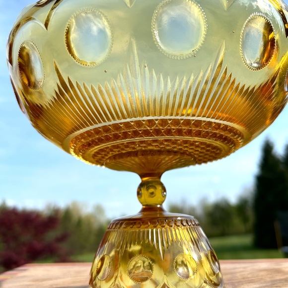 Vintage Compote Candy Dish Pedestal Amber Glass Thumbprint Scalloped Edge - Picture 6 of 13